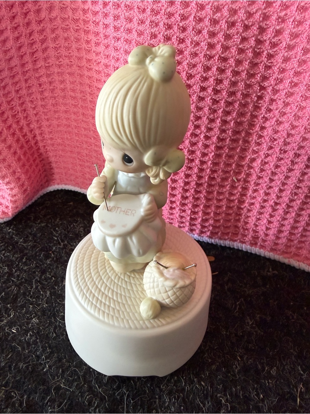 Precious Moments Cream Sewing Mother Figurine Music Box